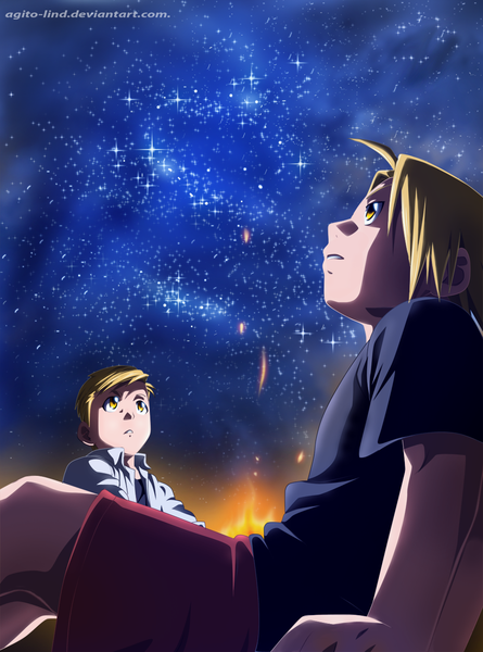 Anime picture 1000x1347 with fullmetal alchemist fullmetal alchemist brotherhood studio bones edward elric alphonse elric aagito tall image short hair blonde hair yellow eyes profile night sky coloring light boy shirt shorts star (stars)