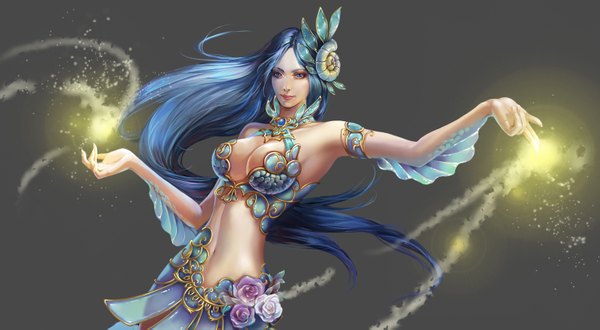 Anime picture 1500x827 with original guozi li single long hair breasts blue eyes light erotic simple background wide image blue hair lips armpit (armpits) magic girl navel