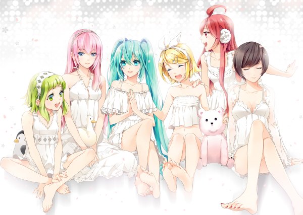 Anime picture 1200x854 with vocaloid hatsune miku megurine luka kagamine rin gumi meiko miki (vocaloid) cocoon (loveririn) long hair short hair blue eyes blonde hair smile brown hair sitting twintails multiple girls green eyes pink hair full body