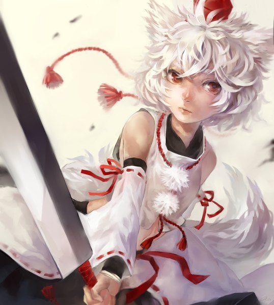 Anime picture 1150x1283 with touhou inubashiri momiji gunni single tall image short hair red eyes bare shoulders animal ears looking away white hair tail animal tail wolf ears wolf tail girl weapon detached sleeves sword pom pom (clothes)
