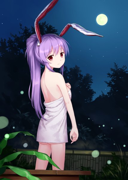 Anime picture 1000x1400 with touhou reisen udongein inaba tucana single long hair tall image looking at viewer blush light erotic red eyes animal ears purple hair ass ponytail looking back night bunny ears alternate hairstyle naked towel hair up