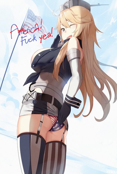 Anime picture 875x1300 with kantai collection iowa (kantai collection) hews single long hair tall image looking at viewer fringe breasts open mouth blue eyes light erotic blonde hair hair between eyes large breasts sky cloud (clouds) ass outdoors one eye closed