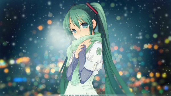 Anime picture 2560x1440 with vocaloid hatsune miku neko sakana single long hair highres wide image twintails green eyes green hair girl scarf