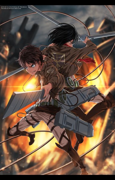 Anime picture 800x1256 with shingeki no kyojin production i.g mikasa ackerman eren yaeger tremblax tall image short hair blue eyes black hair brown hair holding sky cloud (clouds) looking back grin coloring light letterboxed dual wielding angry