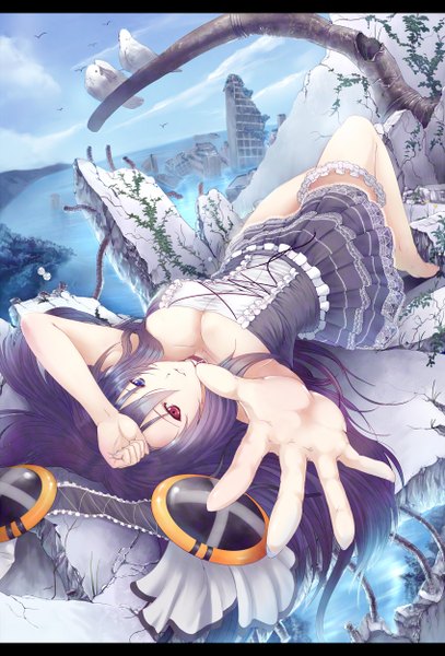 Anime picture 848x1250 with original sts single long hair tall image looking at viewer fringe breasts cleavage purple hair barefoot arms up bare legs armpit (armpits) on back legs sleeveless heterochromia flying ruins