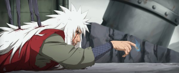 Anime picture 1200x492 with naruto studio pierrot naruto (series) jiraiya roggles single long hair wide image white hair lying japanese clothes profile coloring torn clothes magic on stomach spoilers boy kimono blood