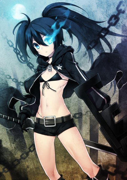 Anime picture 600x848 with black rock shooter black rock shooter (character) fuya (tempupupu) single long hair tall image looking at viewer blue eyes light erotic black hair standing twintails bare belly midriff glowing glowing eye (eyes) girl navel shorts belt