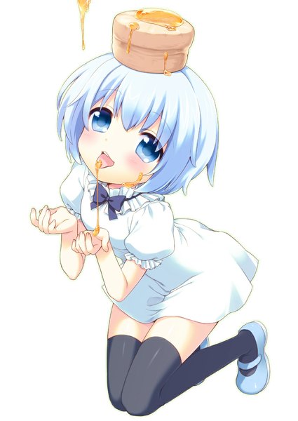 Anime picture 800x1130 with kfc bisuke-tan usashiro mani single tall image blush short hair open mouth blue eyes simple background white background blue hair loli kneeling looking up girl thighhighs dress black thighhighs white dress