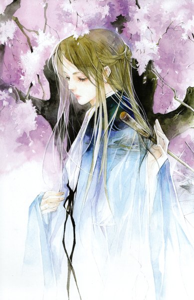 Anime picture 2152x3321 with original anemone - eno. color works artbook eno (artist) single long hair tall image highres blonde hair yellow eyes traditional clothes scan cherry blossoms looking down half updo traditional media watercolor (medium) girl plant (plants) tree (trees) umbrella