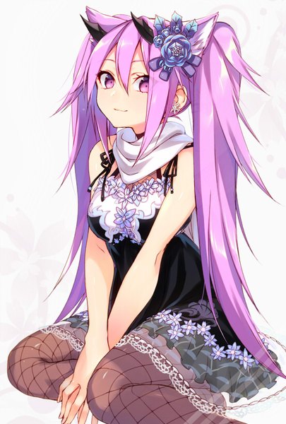 Anime picture 552x817 with original suisen single long hair tall image looking at viewer fringe breasts simple background hair between eyes white background sitting purple eyes twintails bare shoulders animal ears payot purple hair bent knee (knees) hair flower