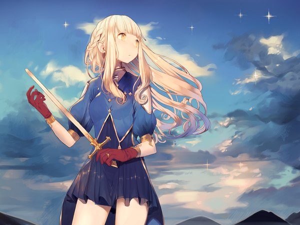 Anime picture 1114x836 with original kitada mo single long hair blonde hair yellow eyes sky cloud (clouds) girl dress gloves weapon sword star (stars)