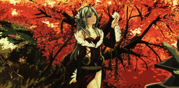 Anime picture 1280x630 with original sydus ducentia single long hair blush red eyes wide image green hair girl dress flower (flowers) plant (plants) tree (trees)