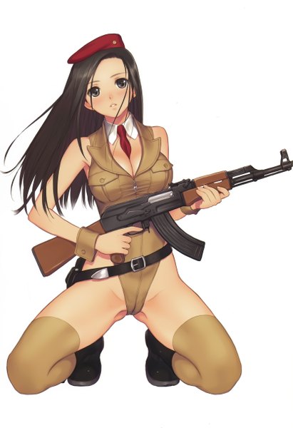 Anime picture 3343x4875 with original tony taka single long hair tall image blush highres light erotic black hair white background bare shoulders brown eyes absurdres scan cameltoe girl uniform weapon gun military uniform