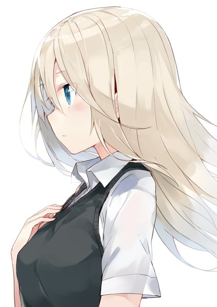 Anime picture 1415x2000 with original kou mashiro single long hair tall image blush fringe blue eyes simple background blonde hair white background looking away upper body profile girl shirt white shirt vest