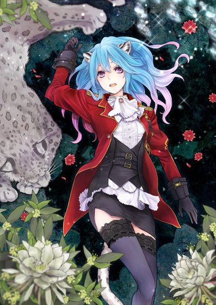 Anime picture 707x1000 with original bacopa single long hair tall image looking at viewer blush fringe open mouth animal ears blue hair pink hair tail lying long sleeves animal tail pink eyes multicolored hair from above two-tone hair