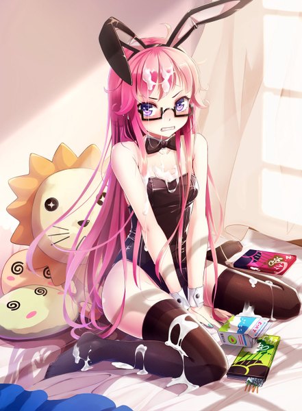 Anime picture 969x1318 with original wait (artist) single long hair tall image looking at viewer blush light erotic blonde hair sitting purple eyes bare shoulders animal ears pink hair indoors nail polish fingernails bunny ears fake animal ears angry