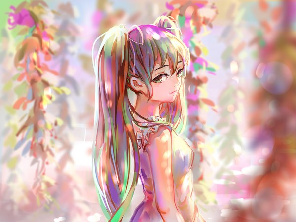 Anime picture 1300x975 with vocaloid hatsune miku sishenfan single long hair looking at viewer fringe twintails looking back aqua eyes light smile from above sunlight aqua hair girl flower (flowers) wisteria