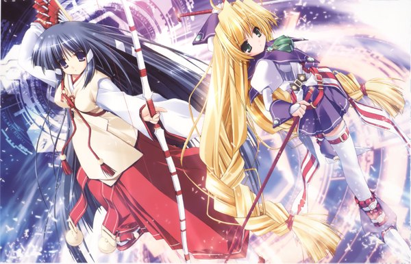 Anime picture 2820x1814 with prism ark priecia kagura (prism ark) ohno tetsuya long hair highres black hair blonde hair twintails purple eyes multiple girls green eyes traditional clothes japanese clothes low twintails magic miko archery girl thighhighs