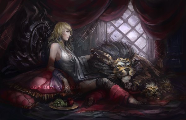 Anime picture 1200x772 with cglas long hair fringe blue eyes blonde hair sitting signed looking away bent knee (knees) indoors lying parted lips profile barefoot lips girl animal food window pillow