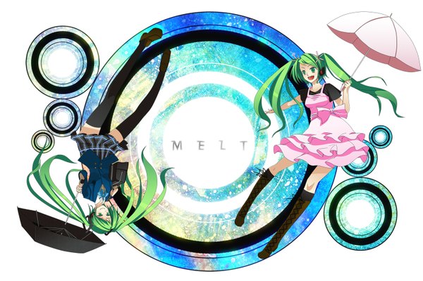Anime picture 1500x998 with vocaloid melt (vocaloid) hatsune miku shiakoto long hair open mouth smile twintails green eyes full body green hair dual persona rotational symmetry girl thighhighs dress uniform black thighhighs school uniform shoes