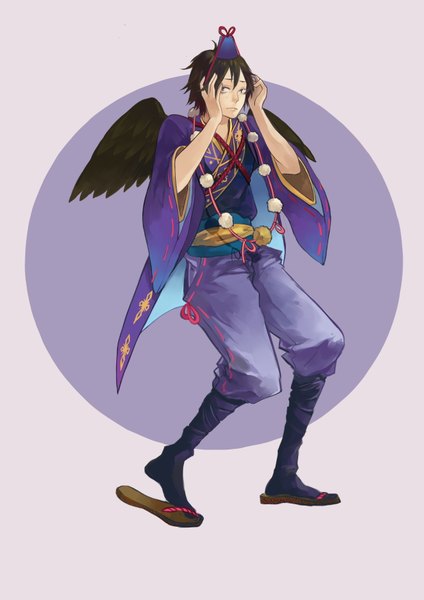 Anime picture 2480x3507 with haikyuu!! production i.g yamaguchi tadashi kibi single tall image fringe highres short hair looking away traditional clothes japanese clothes green hair wide sleeves alternate costume black wings boy wings tokin hat