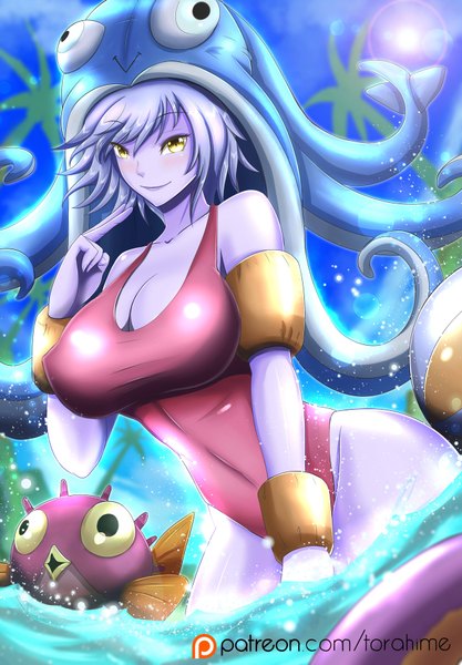 Anime picture 1280x1843 with league of legends lulu (league of legends) torahime (roland00) single tall image looking at viewer blush short hair breasts light erotic smile large breasts yellow eyes blue hair purple skin girl swimsuit animal water one-piece swimsuit