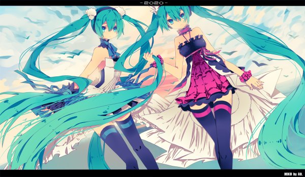 Anime picture 1200x696 with 7th dragon 7th dragon 2020 vocaloid hatsune miku utm long hair wide image twintails bare shoulders multiple girls very long hair aqua eyes aqua hair letterboxed dual persona girl thighhighs dress skirt hair ornament
