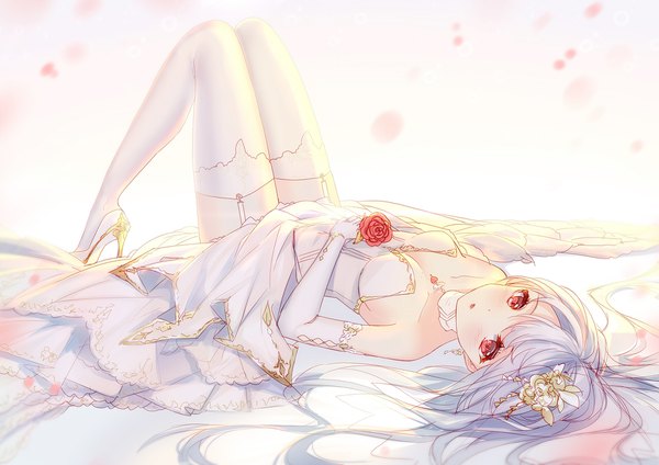 Anime picture 1920x1358 with original bison cangshu single long hair looking at viewer blush highres light erotic red eyes bare shoulders cleavage silver hair lying parted lips blurry :o on back high heels girl thighhighs