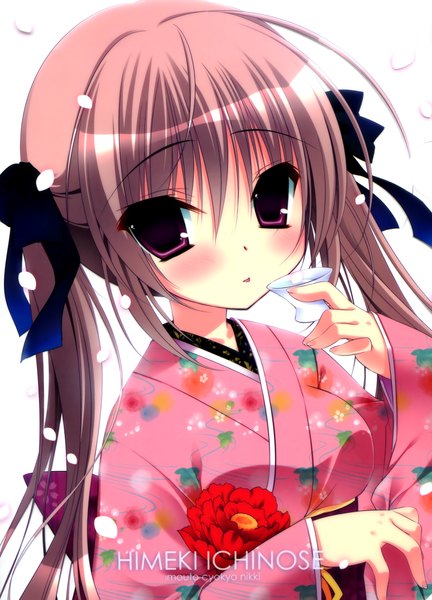 Anime picture 3118x4334 with original nanaka mai single long hair tall image blush highres brown hair purple eyes twintails absurdres japanese clothes girl flower (flowers) ribbon (ribbons) hair ribbon petals kimono alcohol sake