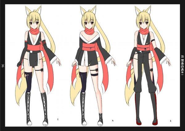 Anime picture 1800x1273 with original nagi-the-cheese (ppshex) single long hair tall image looking at viewer blush highres light erotic simple background blonde hair white background animal ears ponytail tail animal tail orange eyes girl thighhighs single thighhigh