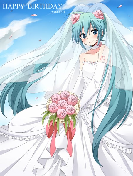 Anime picture 1700x2250 with vocaloid hatsune miku sudachi (calendar) single tall image looking at viewer blush smile twintails very long hair hair flower aqua eyes aqua hair happy birthday girl gloves hair ornament flower (flowers) petals elbow gloves