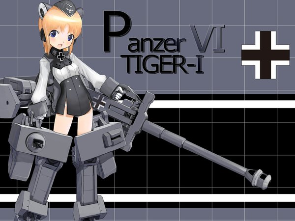 Anime picture 1024x768 with zeco short hair blonde hair military mecha musume wwii girl gloves ground vehicle tank tiger (tank)