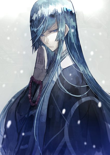 Anime picture 600x849 with touken ranbu nitroplus kousetsu samonji mura karuki single long hair tall image looking at viewer fringe blue eyes blue hair traditional clothes japanese clothes arm up snowing boy beads