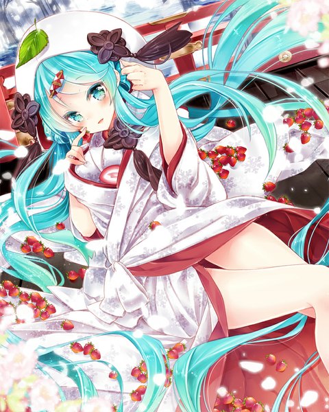 Anime picture 800x1000 with vocaloid hatsune miku yuki miku yuki miku (2013) 218 single tall image looking at viewer blush twintails very long hair traditional clothes japanese clothes aqua eyes aqua hair girl petals food kimono beret