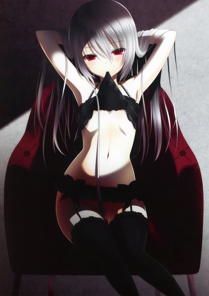 Anime picture 2114x3000 with original makita maki single long hair tall image looking at viewer blush highres light erotic red eyes silver hair scan girl thighhighs navel black thighhighs