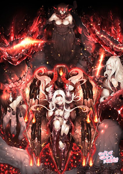 Anime picture 752x1062 with kantai collection battleship-symbiotic hime aircraft carrier hime battleship water oni armored aircraft carrier oni air defense hime misaki suzukaze long hair tall image fringe light erotic hair between eyes red eyes multiple girls signed cleavage white hair nail polish horn (horns) floating hair