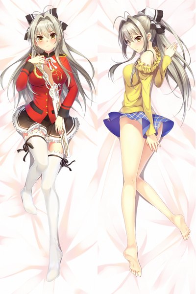 Anime picture 1200x1800 with amagi brilliant park kyoto animation sento isuzu bison cangshu long hair tall image looking at viewer blush light erotic brown eyes full body ponytail lying from above grey hair pantyshot multiview dakimakura (medium) girl thighhighs