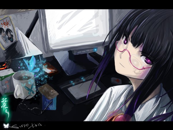 Anime picture 4000x3000 with surolen (artist) highres purple eyes absurdres purple hair glasses insect butterfly cup monitor coffee computer