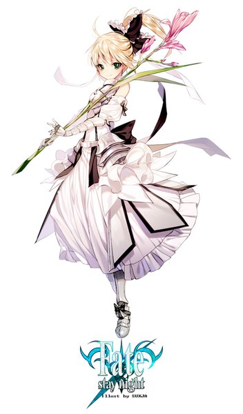 Anime picture 600x1020 with fate (series) fate/unlimited codes type-moon artoria pendragon (all) saber lily sorolp single long hair tall image looking at viewer blush fringe simple background blonde hair smile standing white background holding green eyes ponytail