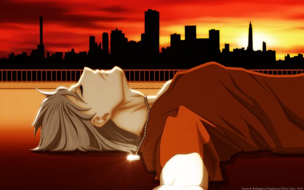 Anime picture 2560x1600 with togainu no chi nitro+chiral akira (tnc) cilou (artist) single highres short hair wide image lying eyes closed profile grey hair wallpaper city evening sunset sleeping boy building (buildings) t-shirt