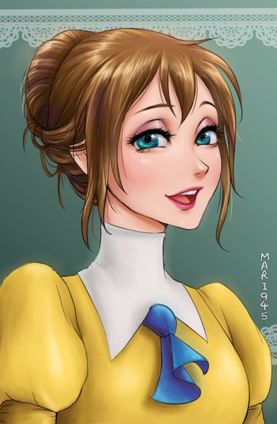 Anime picture 1905x2916 with tarzan jane porter (tarzan) mari945 single tall image looking at viewer blush fringe highres short hair open mouth blue eyes simple background smile brown hair signed upper body ahoge long sleeves grey background