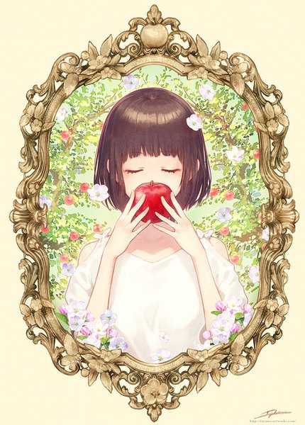 Anime picture 883x1232 with original yuranpo single tall image blush fringe short hair brown hair holding signed upper body blunt bangs eyes closed inscription arms up framed covered mouth girl flower (flowers) fruit
