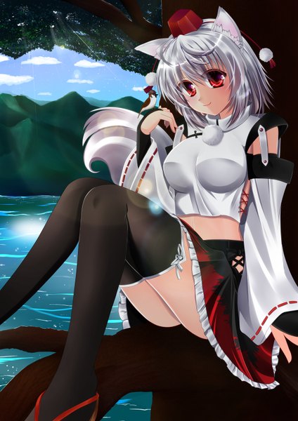 Anime picture 1131x1600 with touhou inubashiri momiji fule single tall image short hair red eyes animal ears silver hair tail girl thighhighs black thighhighs detached sleeves water