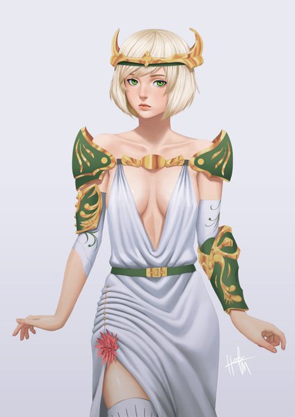 Anime picture 1280x1811 with original carlo montie single tall image looking at viewer fringe short hair breasts light erotic simple background blonde hair standing bare shoulders green eyes signed cleavage parted lips fingernails grey background no bra