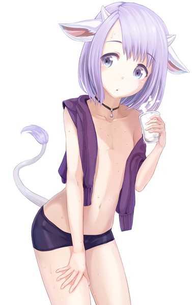 Anime picture 605x947 with original ell single tall image fringe short hair light erotic simple background white background purple eyes animal ears purple hair tail animal tail horn (horns) sweat boy navel milk