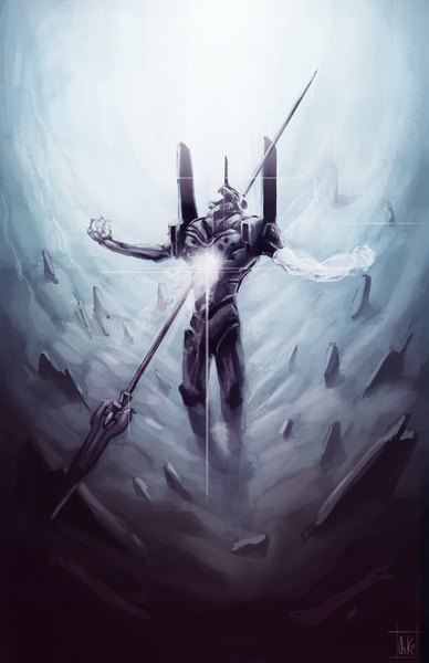 Anime picture 1650x2550 with neon genesis evangelion rebuild of evangelion evangelion: 2.0 you can (not) advance end of evangelion gainax eva 01 tall image signed horn (horns) monochrome spread arms screaming giant weapon armor huge weapon spear robot mecha