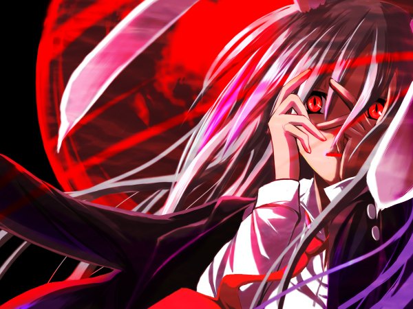 Anime picture 1200x900 with touhou reisen udongein inaba sorano eika single long hair red eyes pink hair bunny ears red moon hands on face girl uniform necktie blouse