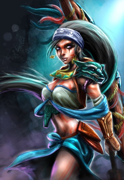Anime picture 1028x1494 with league of legends diana (league of legends) carlos eduardo single tall image breasts purple eyes looking away very long hair lips grey hair bare belly girl navel earrings