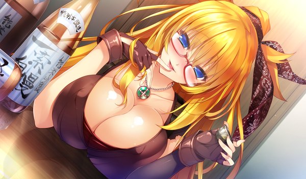 Anime picture 1700x1000 with shoujo shin'iki long hair looking at viewer blush breasts blue eyes light erotic blonde hair wide image large breasts game cg finger to mouth girl glasses fingerless gloves