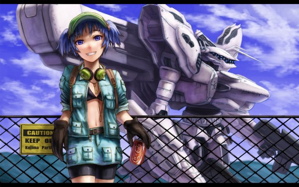 Anime picture 1600x1000 with touhou armored core coca-cola kawashiro nitori white glint short hair smile wide image twintails blue hair cloud (clouds) short twintails product placement girl skirt gloves headphones skirt set bikini top flat cap